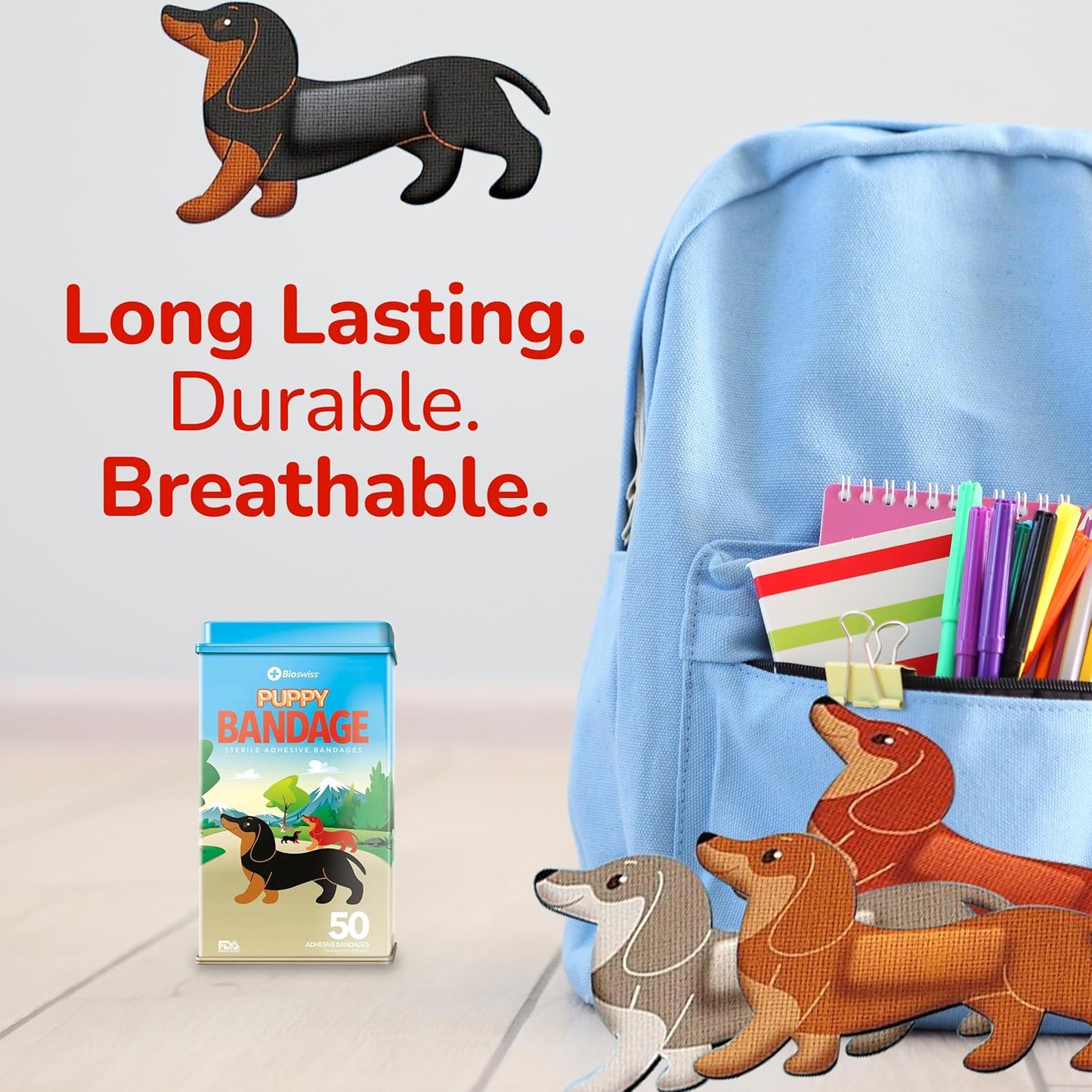 BioSwiss Kids Bandages, Puppy Shaped Self Adhesive Bandage Set, Latex Free, Sterile Wound Care, 50 Count