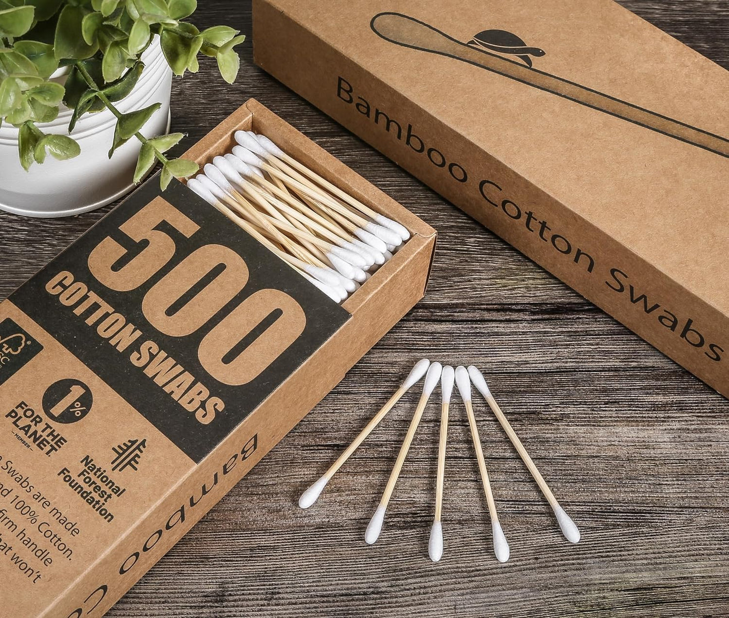 Sea Turtle Bamboo Cotton Swabs (500 Count) - Vegan, Eco Friendly, Organic, Double Tips, Plastic Free Wooden Ear Sticks, All Natural 100% Biodegradable Cotton Buds