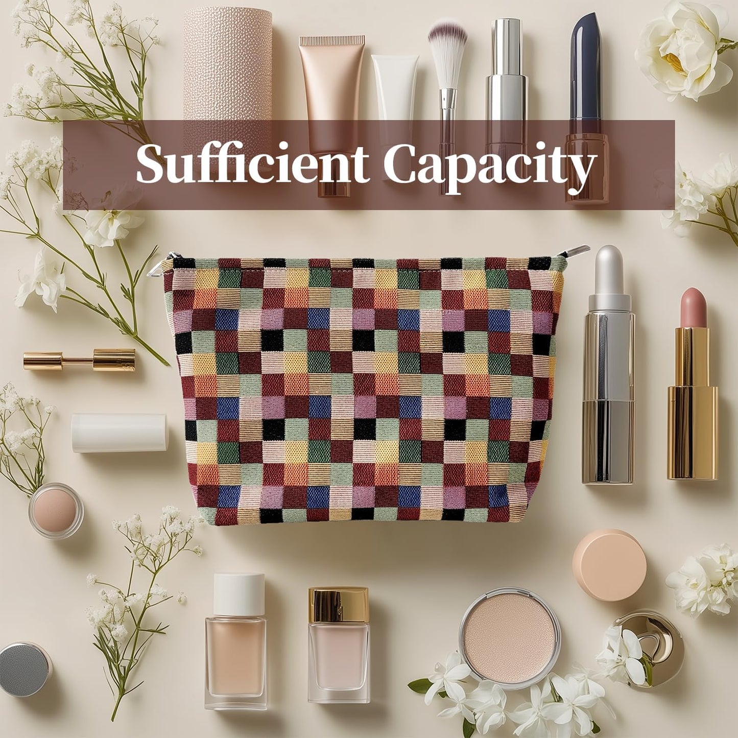 Stylish Checkered Canvas Makeup Bag – Travel Cosmetic Organizer (10.6 x 7.1 x 2.8 Inches), Large Cosmetic Bag, Colored Squares Zipper Pouch, Plaid Fabric, Plain lining