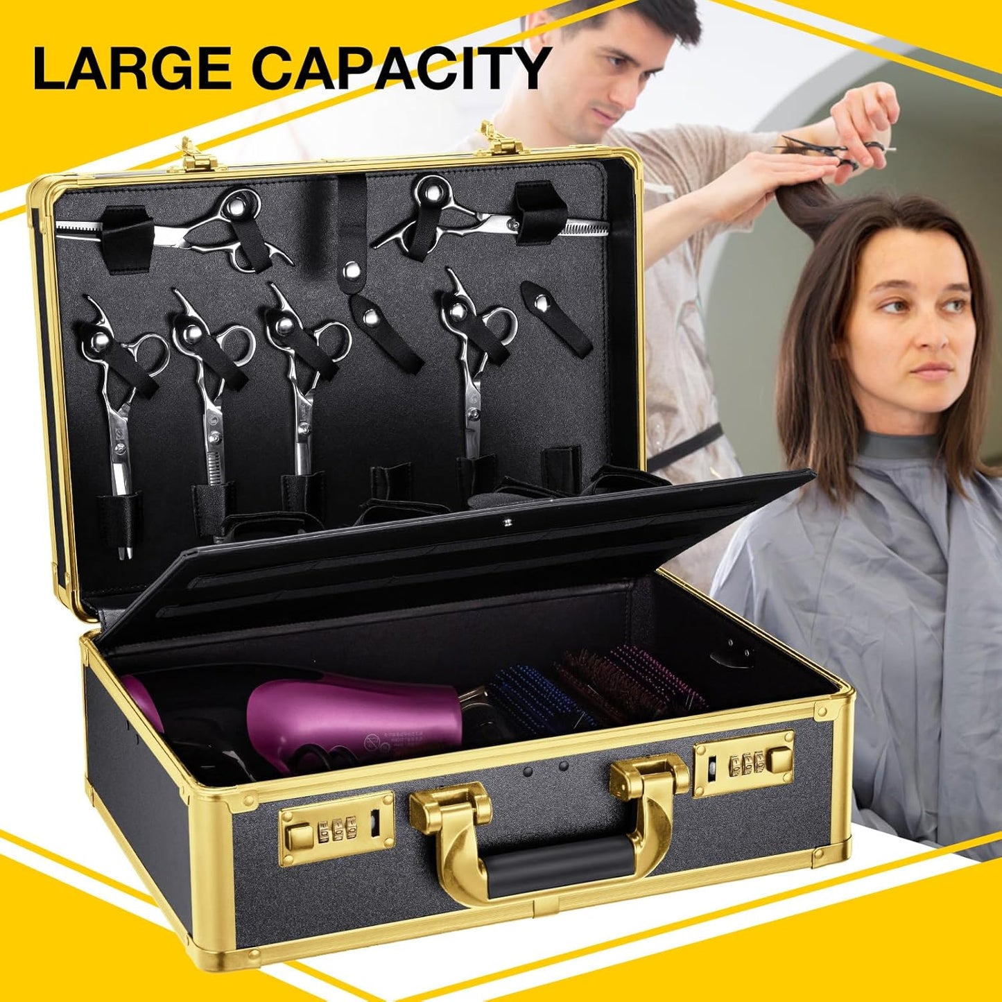 Noverlife Gold Password Lock Barber Carrying Case, 16x11x6in Large Salon Hair Cutting Tools Storage Box, Portable Hairdresser Travel Suitcase Grooming Scissor Organizer for Hairstylist Pet Groomer