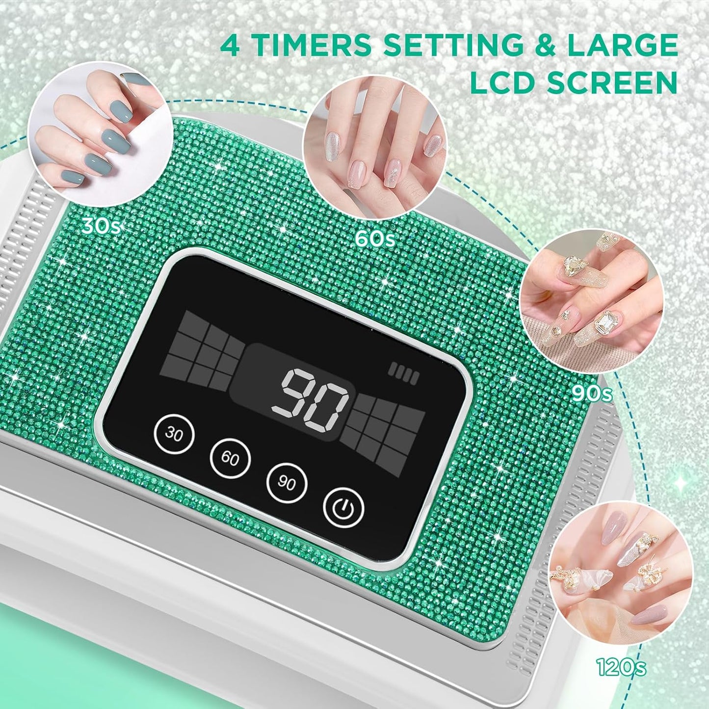 Aedavey Cordless Nail Lamp, Rechargeable UV Nail Lamp for Gel Nails, LED Nail Lamp with 4 Timer Modes, Gel Nail Light Decorate with Sparkling Nail Rhinestones Diamond (Sparkly Green Diamond)