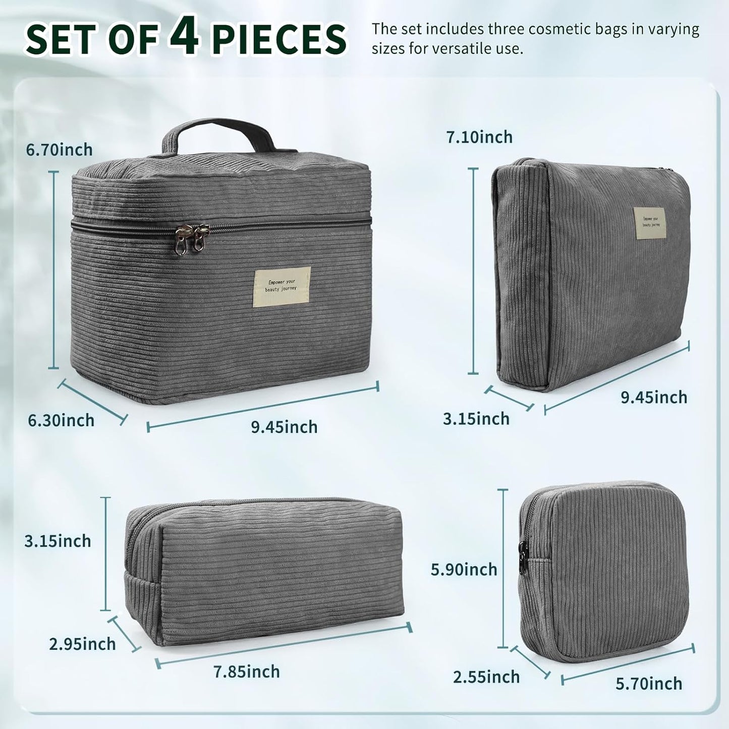 4 Pcs Makeup Bag for Women Corduroy Cosmetic Bag Aesthetic Cute Bags Multi Size Purse Pouch Travel Toiletry Bag Set Makeup Organizer with Zipper (08-Gray)