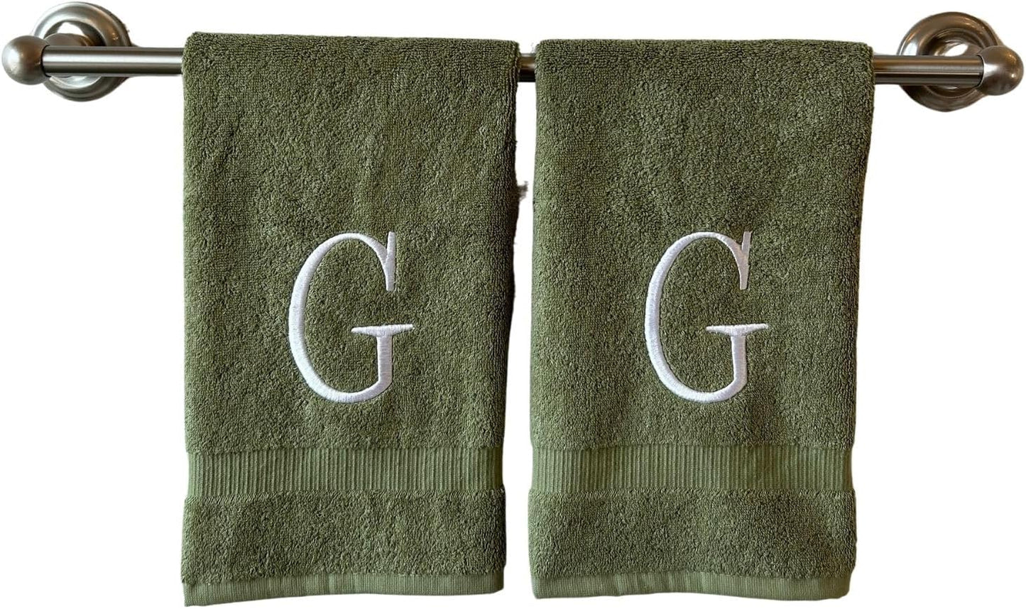 Sage Initial Hand Towel for Bathroom - Monogrammed Luxury Hotel Quality Decorative Embroidered Towel for Powder Room, Spa - GOTS Organic Certified - Set of 2 Letter G