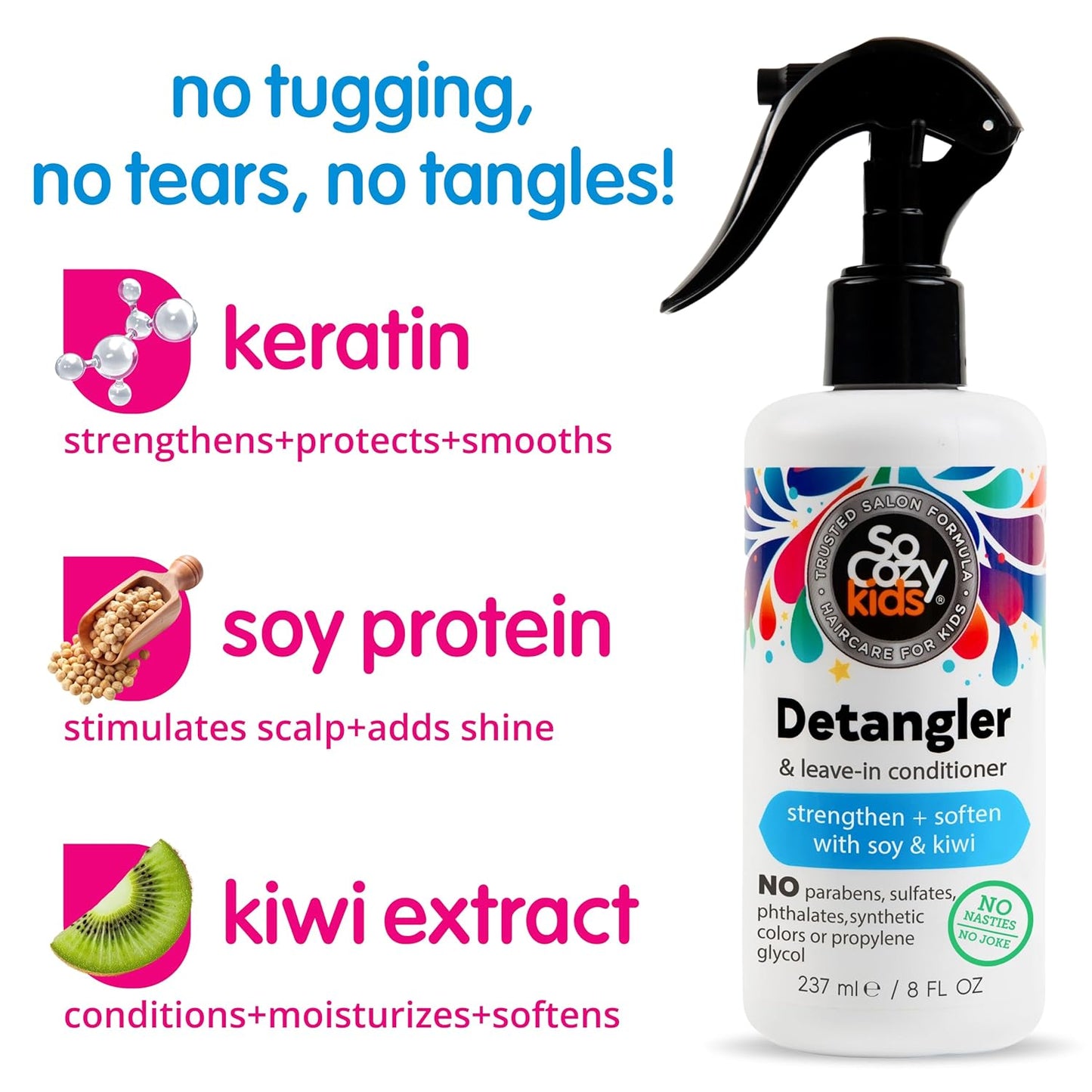 SoCozy 2-in-1 Detangler & Leave In Conditioner Spray (8 Fl Oz, Pack Of 2) - Hair Detangler & Conditioner for Kids with Keratin, Soy Protein & Kiwi Extract