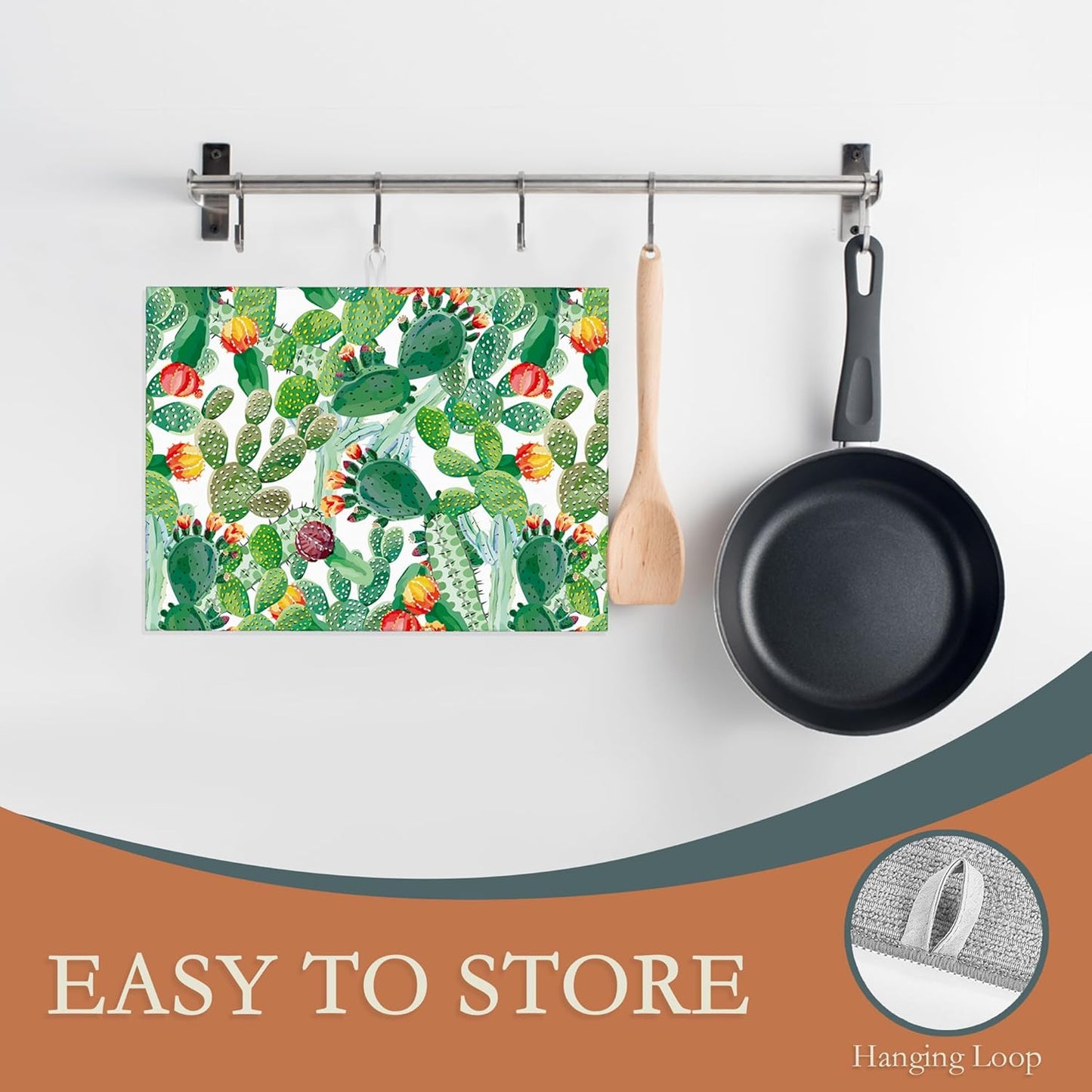 Green Cactus Dish Drying Mat, Tropical Plant Drying Rack Pad Countertop Dishes Ultra Absorbent Microfiber Kitchen Counter Mat for Coffee Countertop Decor 18x24 Inch