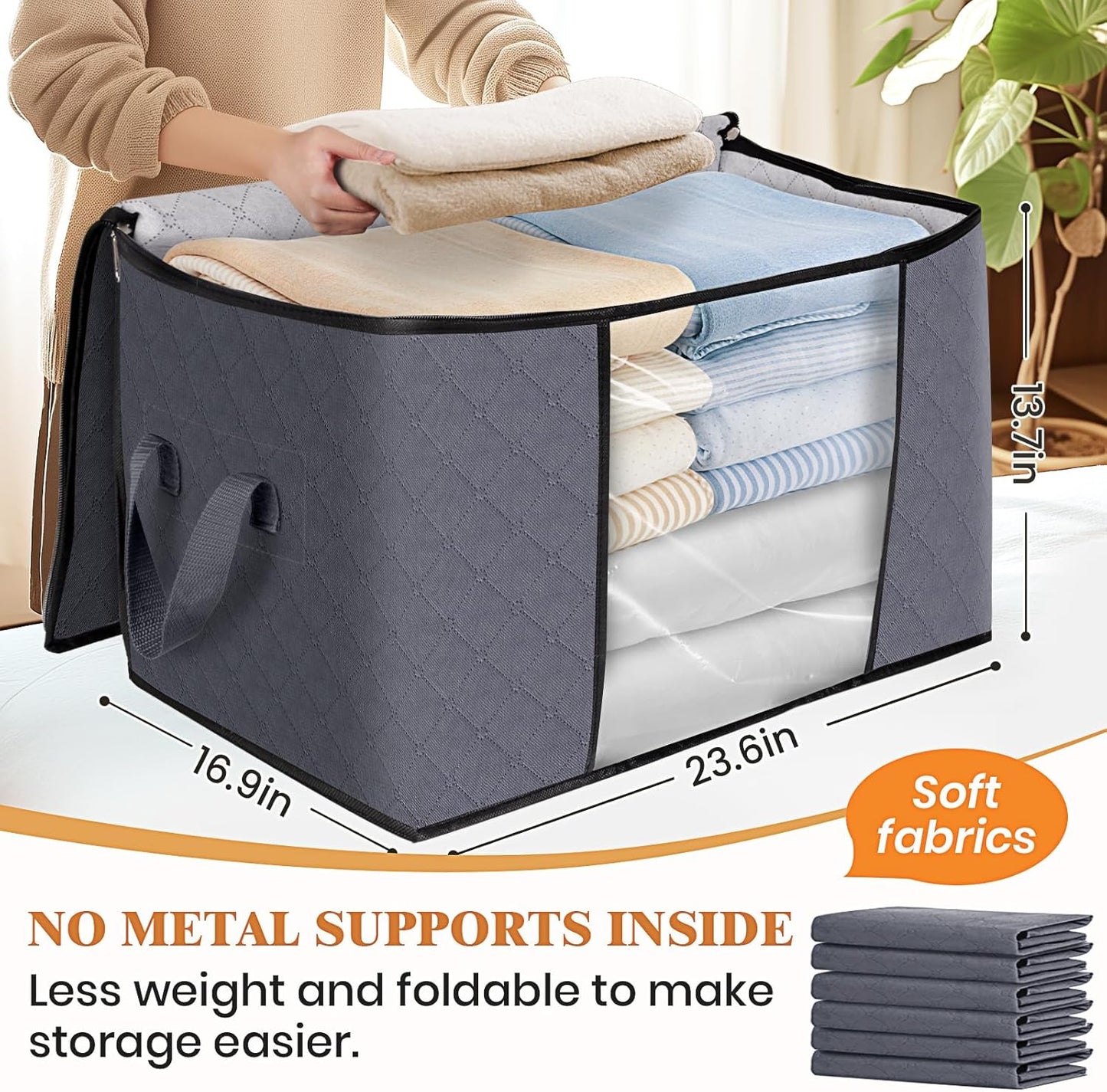 Fab totes 24 Gallons Clothes Storage, Foldable Thick Fabric Blanket Storage Bags, Containers for Organizing Bedroom, Closet, Clothing, Comforter, Organization with Handle (4 Pack,Grey)