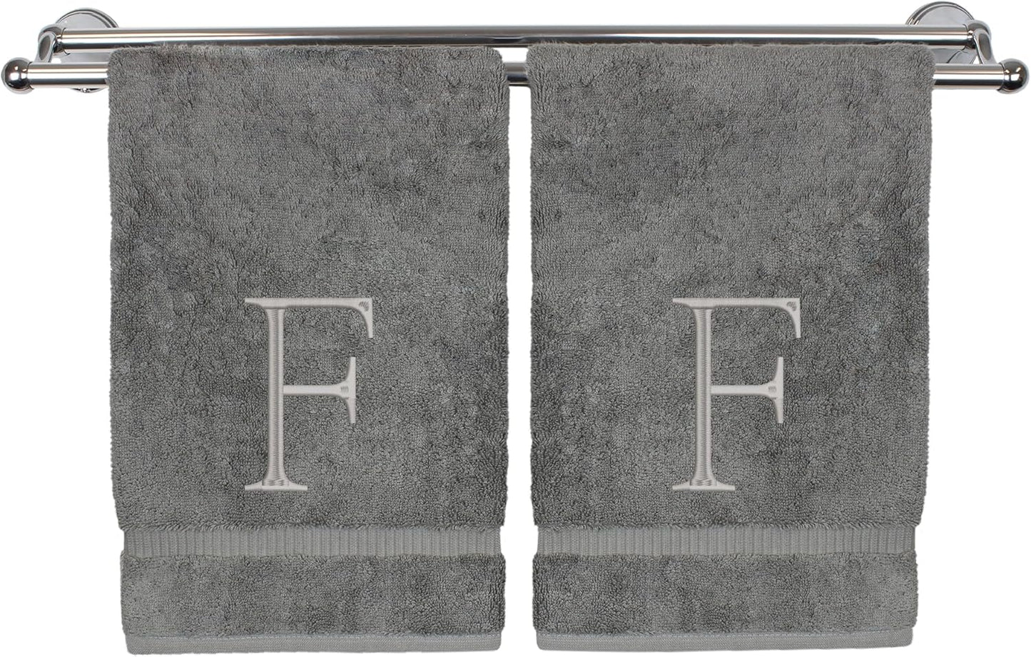 Monogrammed Hand Towel, Personalized Initial Gift, Extra Absorbent 100% Turkish Cotton - Soft Terry Finish - Set of 2 - Silver Block Initial F - Embroidered on Grey Towels