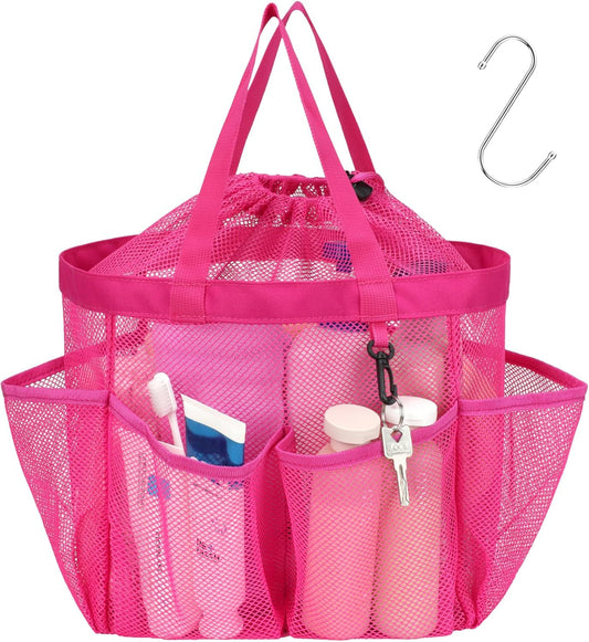 F-color Mesh Shower Caddy Portable with Drawstring - Upgrade Deeper 7 Pockets Dorm Room Essentials for Guys Girls with S Hook, Shower Bag Basket Tote for College Camping Toiletry Bathroom, Rose red