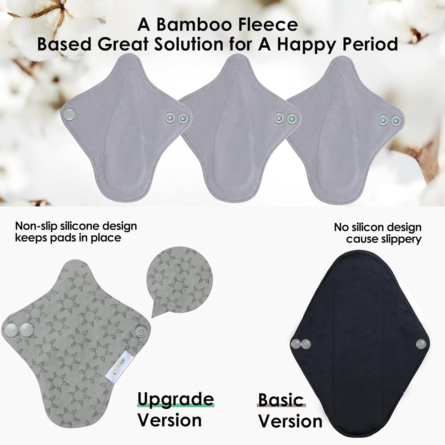 wegreeco 6 Pcs Reusable Menstrual Pads, Ultra Absorbent Cloth Pads for Heavy Flow, Sanitary for Teens, Women, Nonslip, Grey Inner, Grey Outer, X-Small