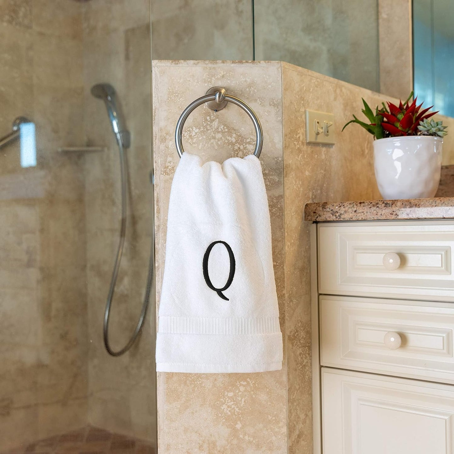 Black Powder Room Hand Towel - Monogram Initial Hotel Quality Decorative Embroidered Luxury Towel for Spa - GOTS Organic Certified - Set of 2 Letter Q
