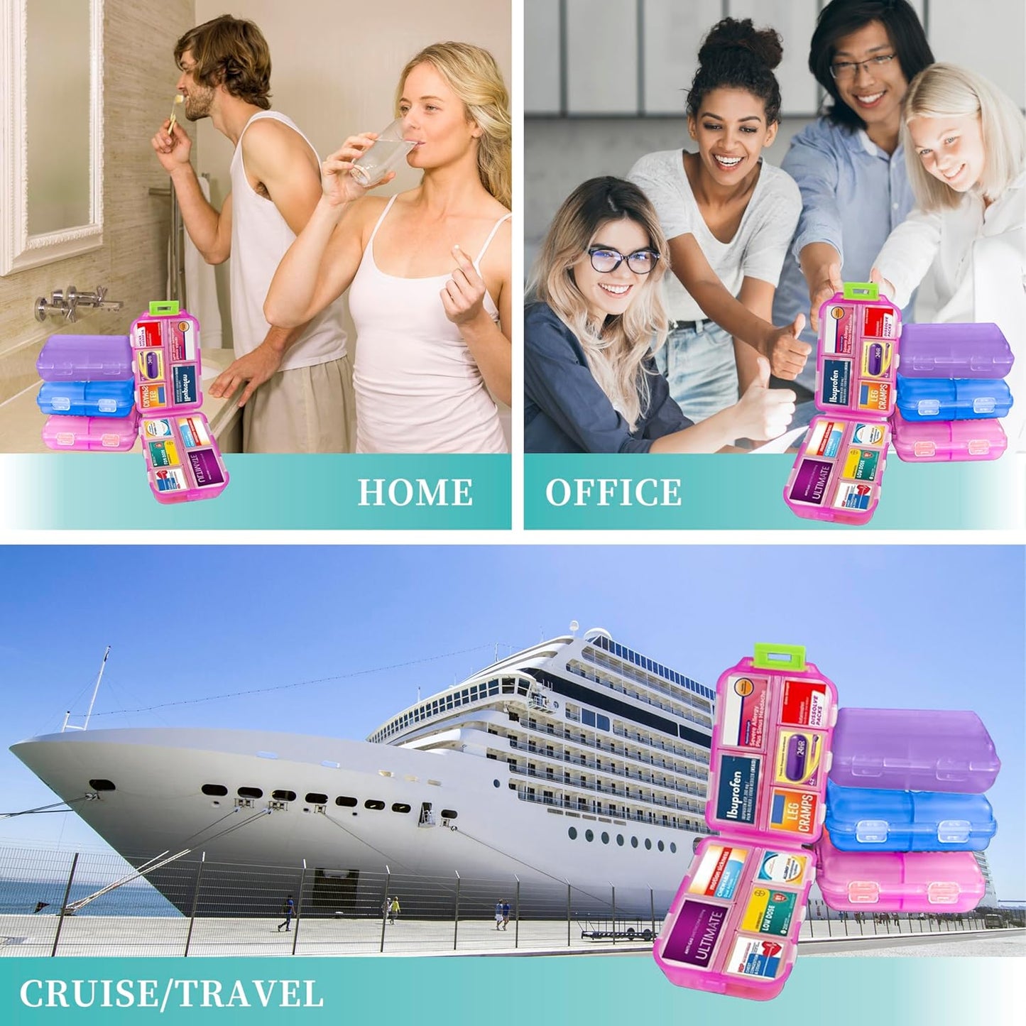 Large Pill Organizer with Medicine Labels, Travel Daily Pill Container, Mini Medication Organizer, 7-Day Pill Case, Set of 3 (Blue+Pink+Purple)