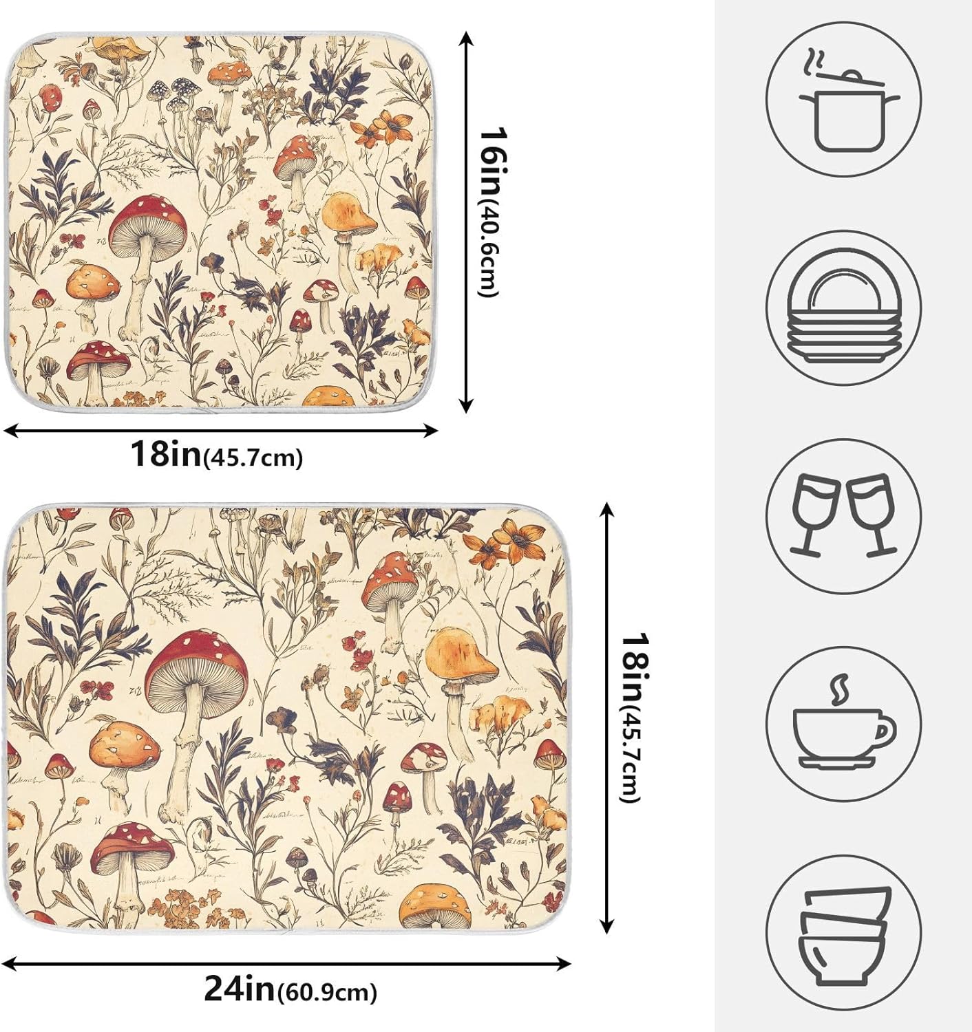 Mushroom Autumn Grass Dish Drying Mats for Kitchen Counter, 18x24 inch Drying Dishes Absorbent Microfiber Dish Drainer Mat Rack Pad Fast Dry