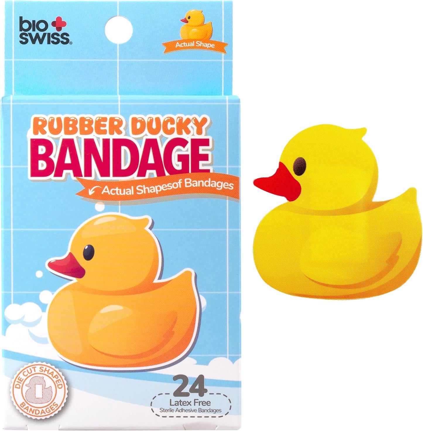BioSwiss Kids Bandages, Rubber Ducky Shaped Self Adhesive Bandage, Latex Free, Sterile Wound Care, 24 Count