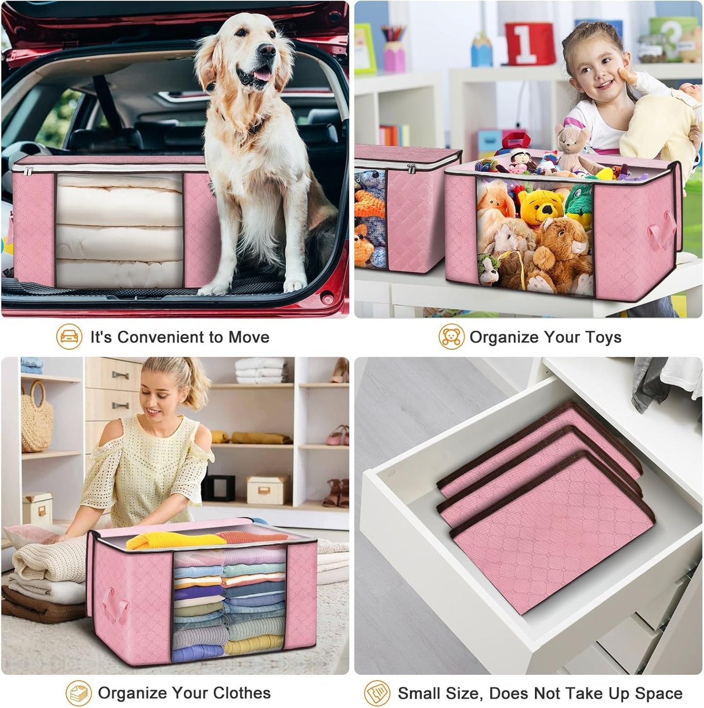 Budding Joy 90L Large Storage Bags, 4 Pack Clothes Storage Bins Foldable Closet Organizer Storage Containers Storage and Organization for Clothes, Blanket, Pillows and Toys (Pink)