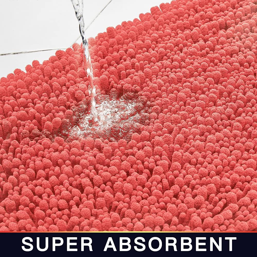 Walensee Bathroom Rug 2 Pieces Set Non Slip Bath Mat (17x24 Plus 20x32 Inch Living Coral) Water Absorbent Super Soft Shaggy Chenille Machine Washable Dry Extra Thick Perfect Carpet for Shower Floor