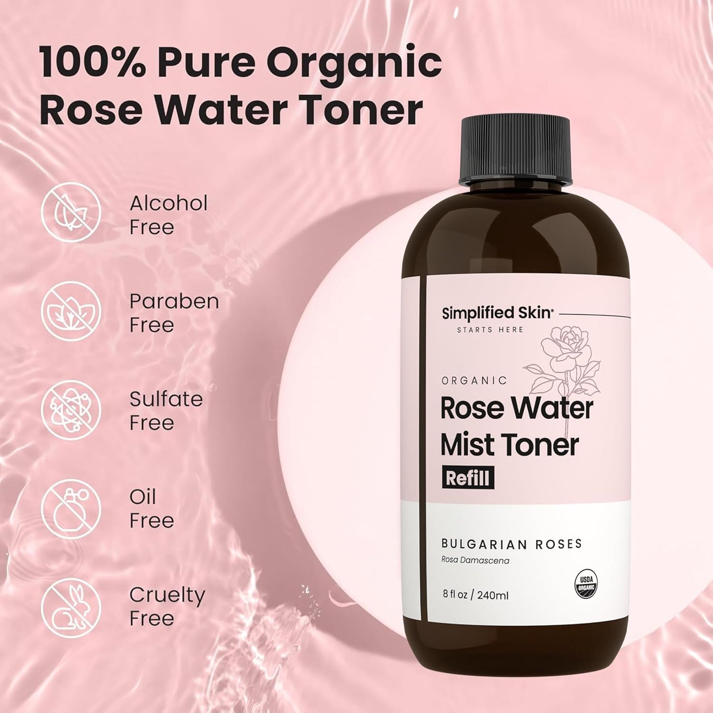 Rose Water Spray for Face & Hair (Refill) - Organic USDA Certified Rosewater Facial Toner - Alcohol-Free Makeup Setting Hydrating Face Mist - Anti-Aging Toner Spray - 8 Fl Oz