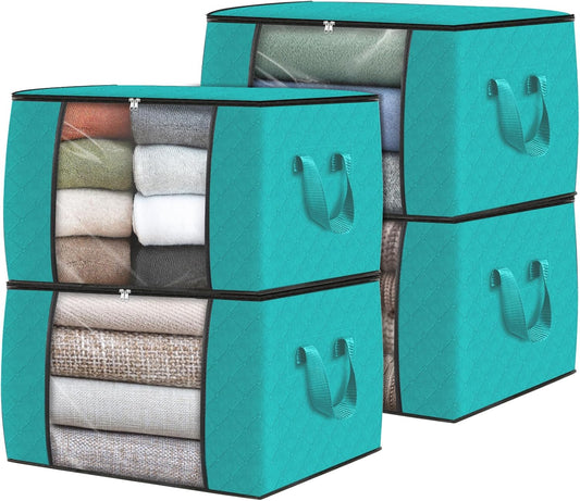 Fab totes 4 Pack Clothes Storage, Foldable Thick Fabric Blanket Storage Bags, Containers for Organizing Bedroom, Closet, Clothing, Comforter,Closet Organization with Handle,Green