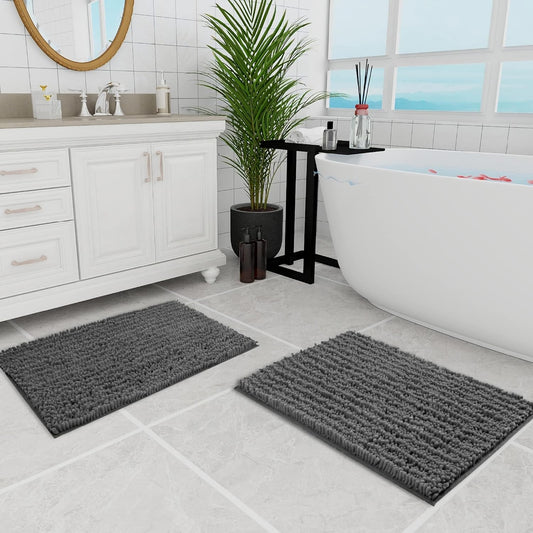 Walensee Bathroom Rug 2 Pieces Set Non Slip Bath Mat (20"x32" Plus 20"x32" Grey/Gray) Water Absorbent Super Soft Shaggy Chenille Machine Washable Dry Extra Thick Perfect Carpet for Shower Floor