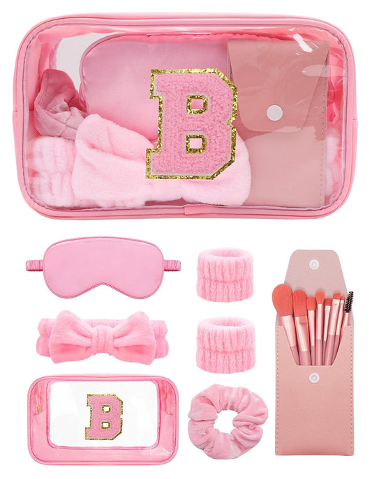 Gift Sets for Women, Initial Makeup Bag with Makeup Brush Set Bachelorette Party Favors, Pink Spa Kit with Skincare Headbands Wrist Bands Sleepover Party Supplies Gifts for Teen Girls Bridesmaid B