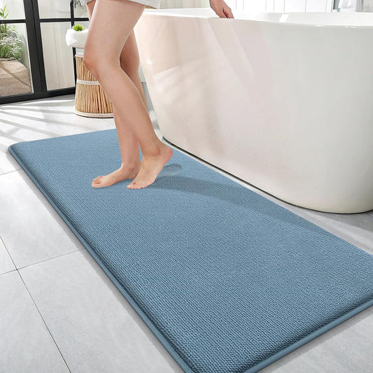 OLANLY Thick Memory Foam Bath Mat Rug 47x17, Extra Soft Absorbent Bathroom Rug, Quick Dry Bath Mats, Non-Slip, Machine Washable Carpet for Bathroom, Tub and Shower, Home Decor Accessories, Airy Blue