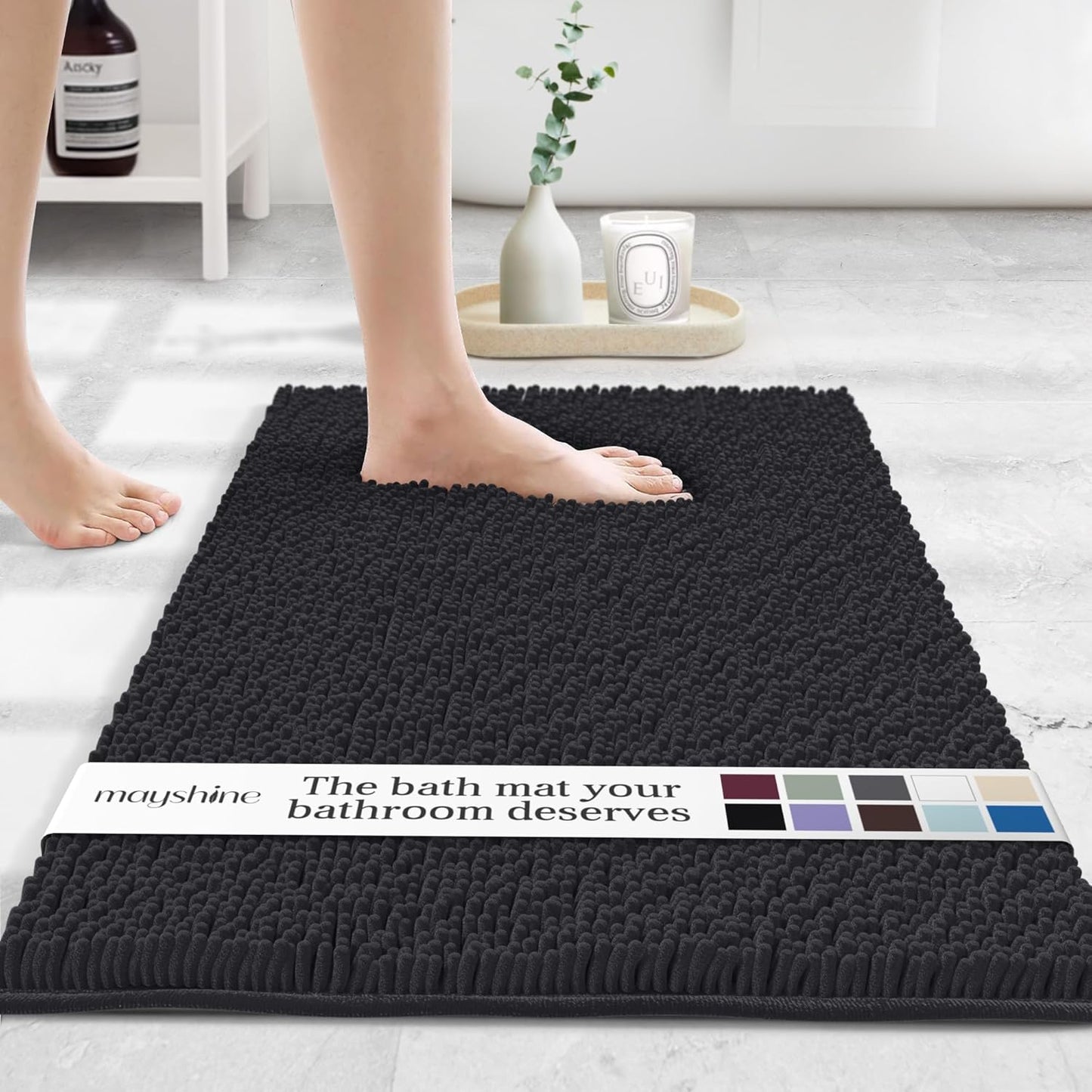 MAYSHINE Plush Shaggy Chenille Bath Mat | Extra Soft, Super Absorbent, Non-Slip Bathroom Rug | Fluffy Microfiber, Area Rug Sets for Bathroom Floor, Kitchen, Living Room | 39"x24" | Black