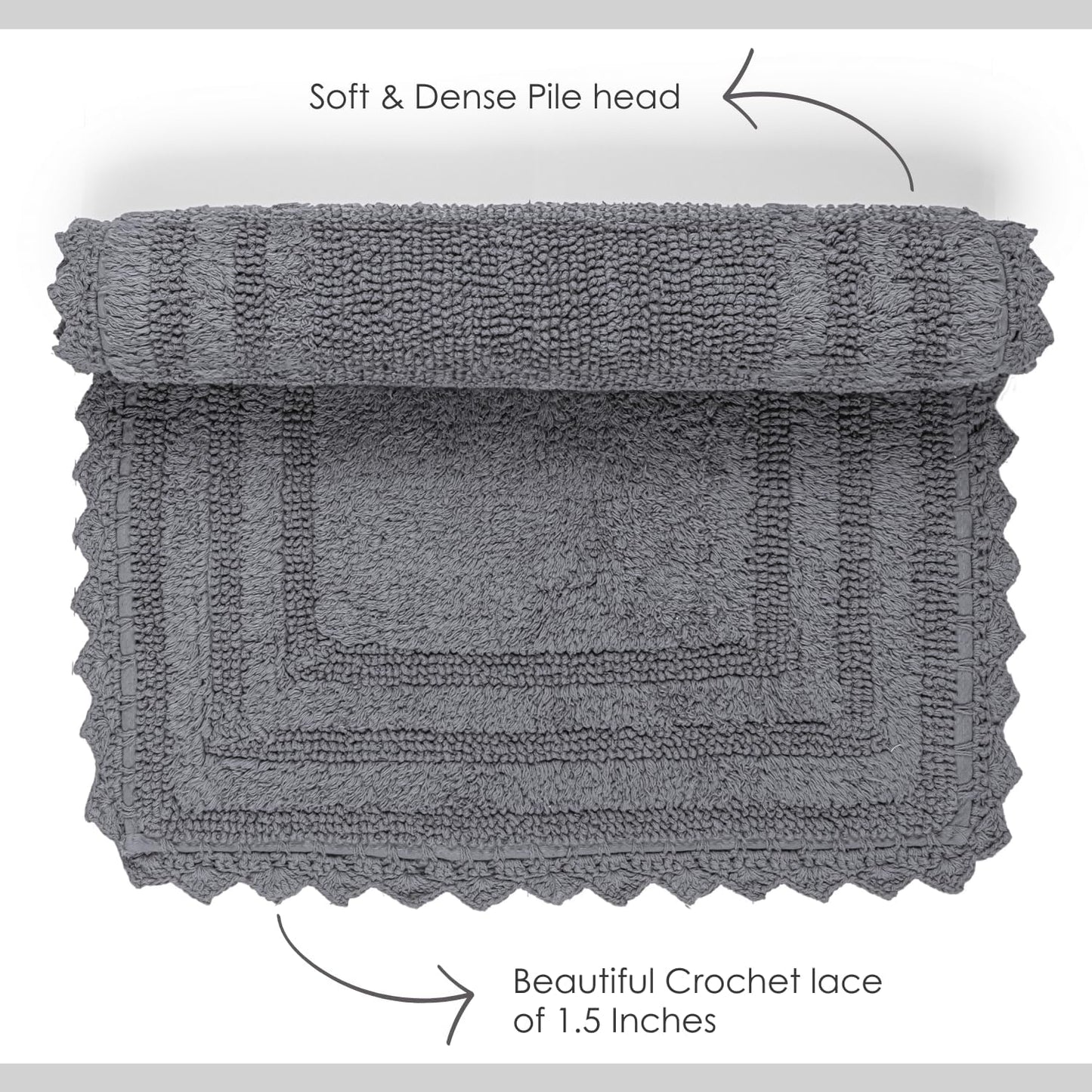 RAJRANG Titanium Grey Cotton Bath Rug – Rectangle 34x21 Inches with Crochet Edge – Reversible, Absorbent, Soft Boho Mat for Bathroom, Vanity, Spa, or Kitchen Use
