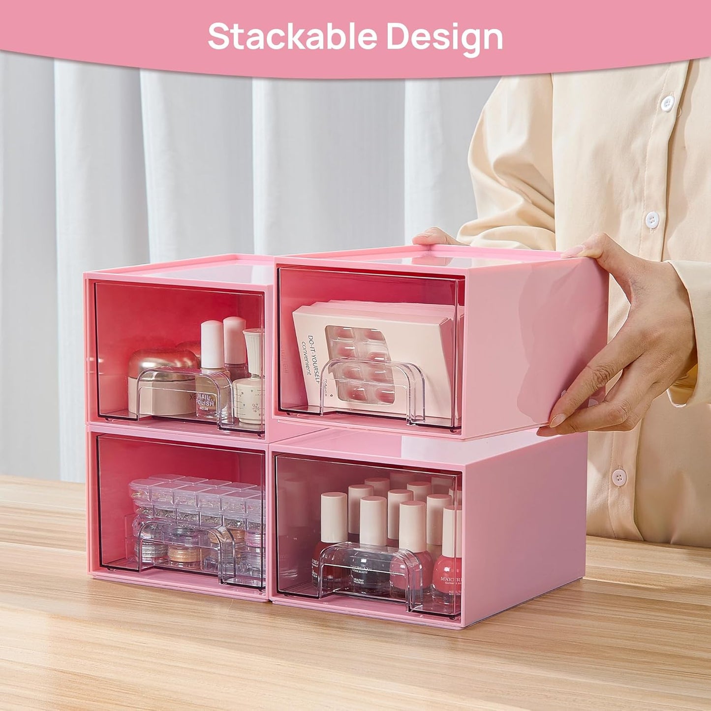Vtopmart 4Pack Small Stackable Storage Drawers, Bathroom Makeup Organizer,Plastic Storage Bins For Vanity, Undersink, Kitchen Cabinet, Pantry, Home Organization(Pink)