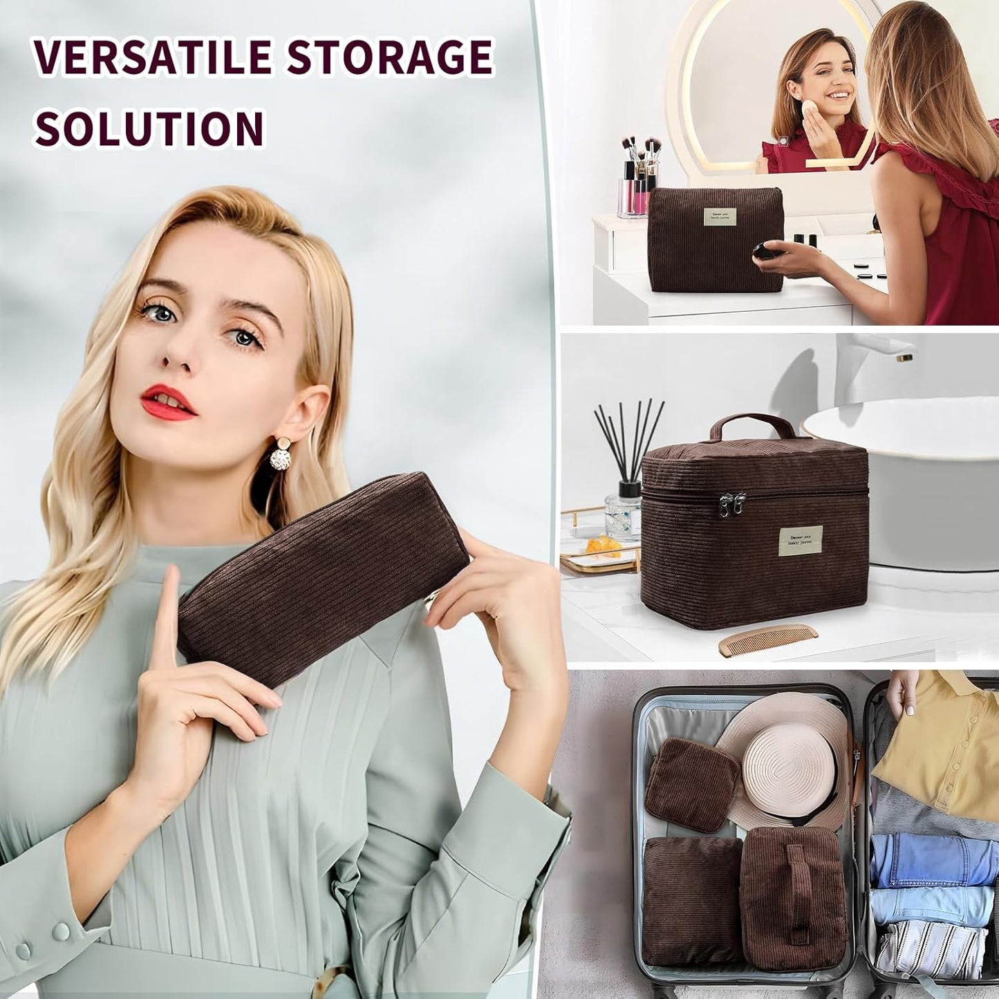 4 Pcs Makeup Bag for Women Corduroy Cosmetic Bag Aesthetic Cute Bags Multi Size Purse Pouch Travel Toiletry Bag Set Makeup Organizer with Zipper(Brown)