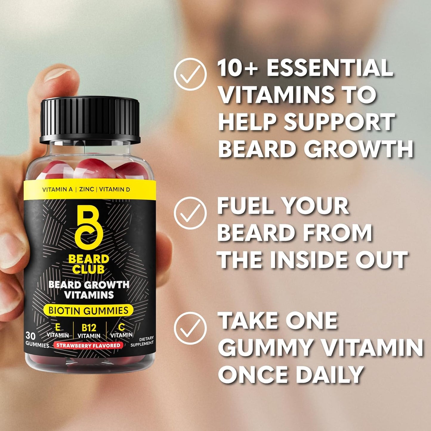 The Beard Club Biotin Beard Growth Vitamin Gummies - Hair Supplement for Men - Vitamins B12, E, & C to Support a Thicker Fuller Looking Facial Hair - Strawberry Gummy