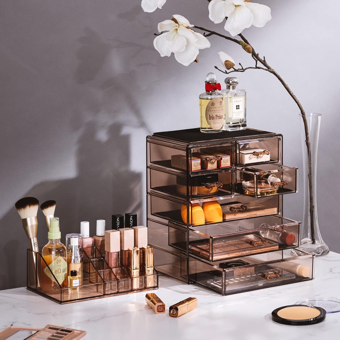 Sorbus Acrylic Makeup Organizer Set, 7-Drawer Vanity & Countertop Cosmetic Storage with Small & Wide Compartments, Bronze Glow Makeup Storage for Brushes, Jewelry – Holiday Gift for Women & Teens