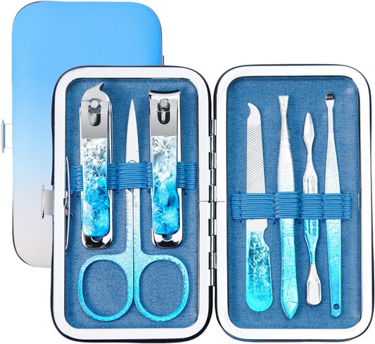 Nail Clippers Set 7 in 1 Stainless Steel, Colorful Manicure Kit Scissors Pedicure Tools Kit with Luxurious Travel Case- Portable Travel Grooming Kit Gift for Women