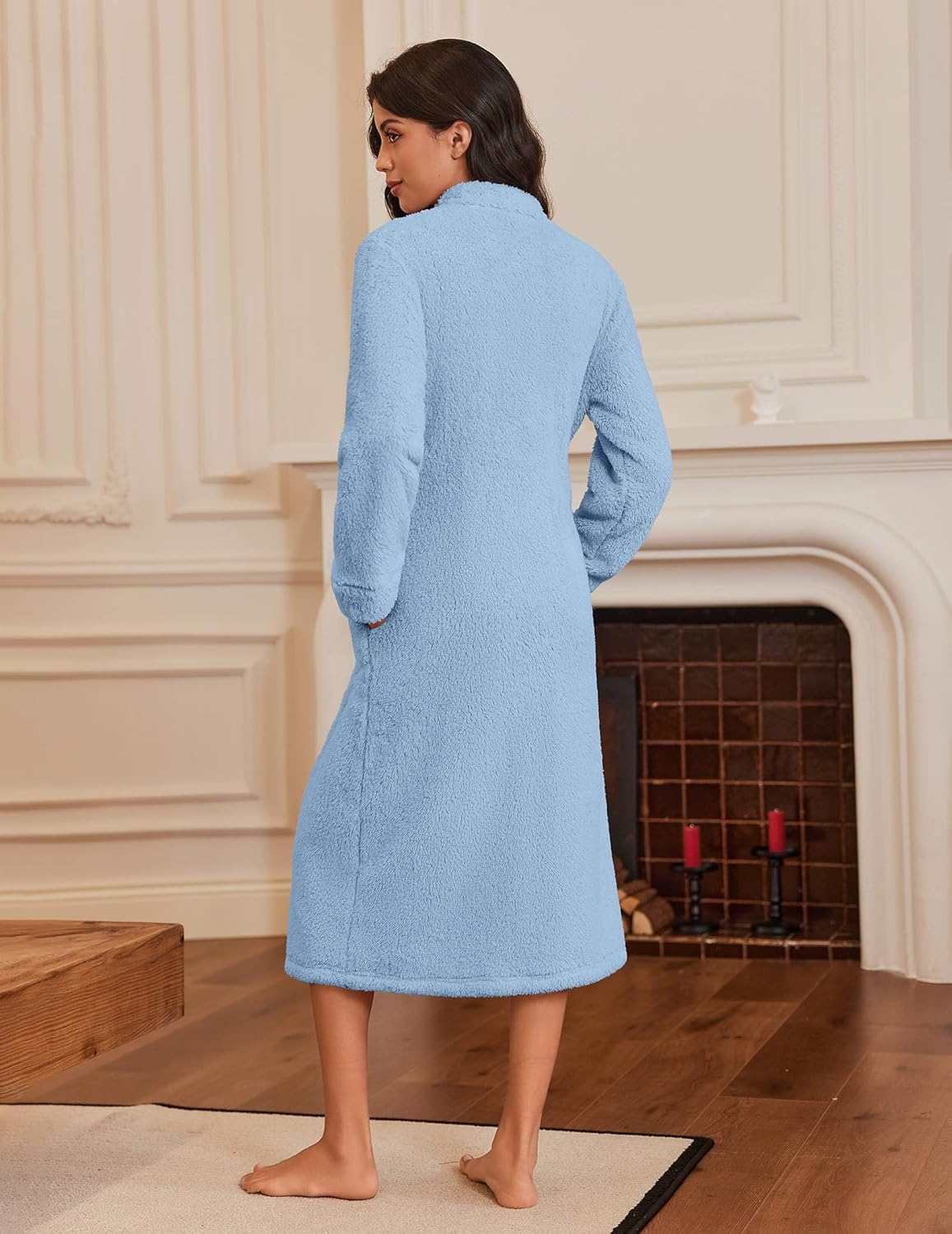 Ekouaer Women's Zip Up Robe Fleece Bathrobe Long Zipper Lounger Warm Housecoat Long Sleeve Nightgown with Pockets S-XXL