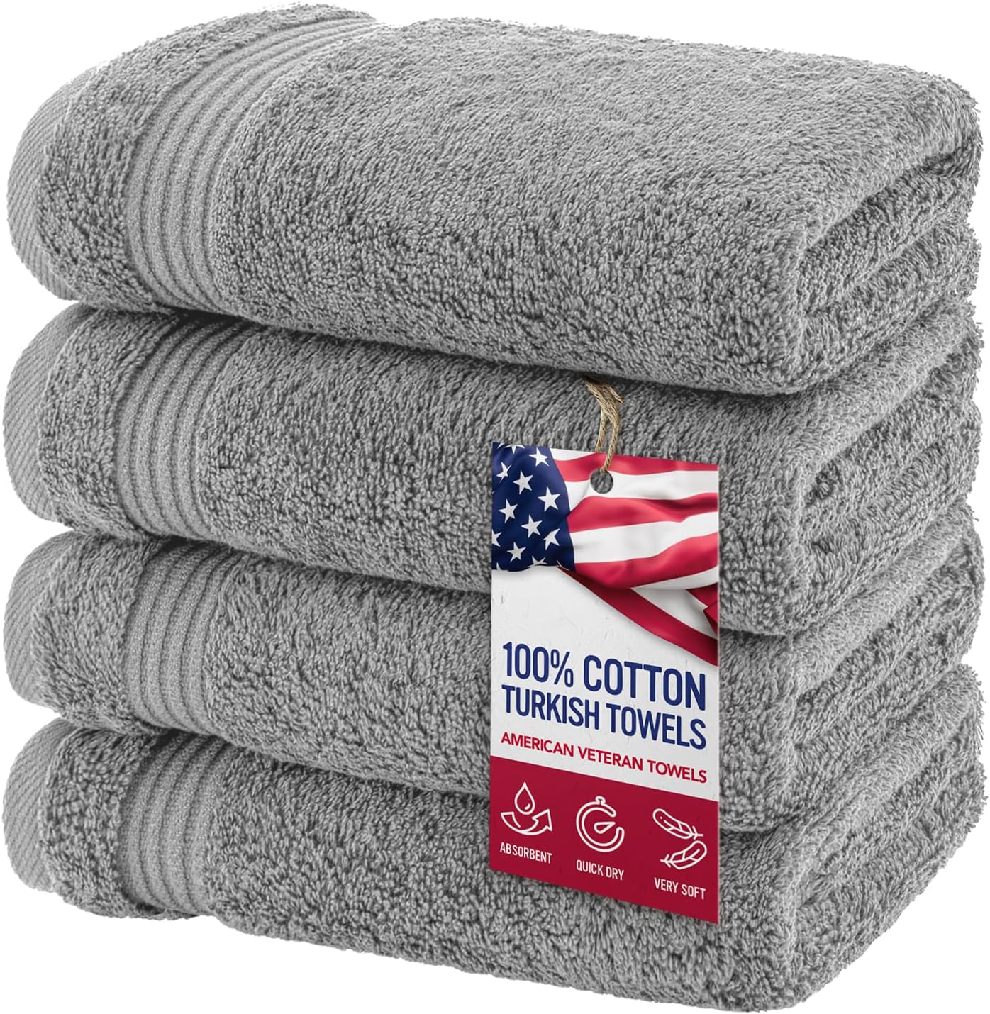 American Veteran Towel, Hand Towels for Bathroom Set of 4, 100% Cotton Turkish Hand Towel Sets, Soft Hand Face Towels, Light Grey Hand Towels
