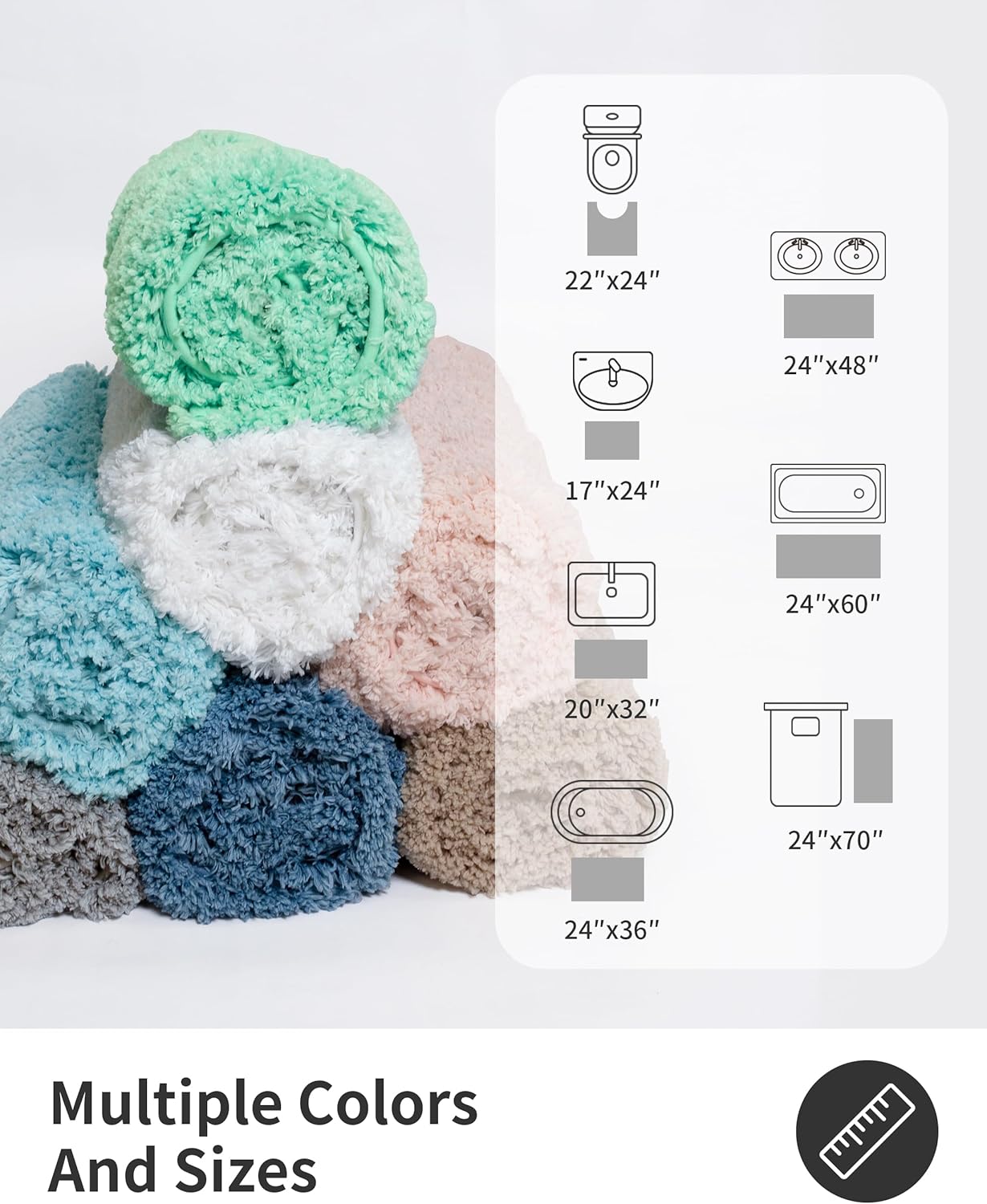 ILANGO Blue Bathroom Rugs 24" × 17" Small Non Slip & Super Absorbent Extra Thick Soft, Washable Bath Mat for Floor, Microfiber Plush Shaggy Bath Rug with Rubber for Bathtub Shower Room Sink