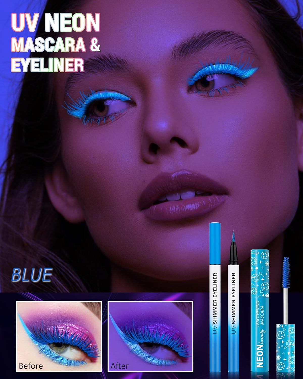 UV Neon Blue Mascara & Eyeliner Set, Waterproof Volumizing Colored Mascara Volume and Length for Lashes Lengthening, Long Lasting Glitter Liquid Eyeliner Pencil, Halloween Glow in the Dark Makeup-02