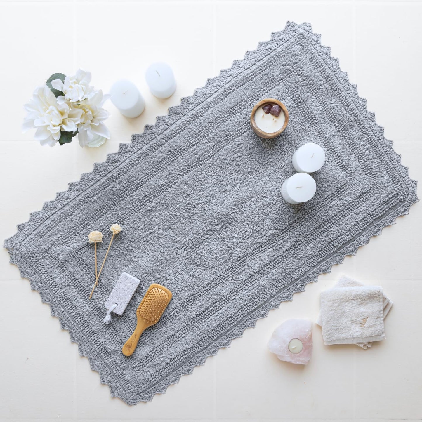 RAJRANG Light Grey Bath Mat for Bathroom Spa with Crochet Absorbent Soft Reversible Boho Bath Rug Rectangle 34x21 Inch