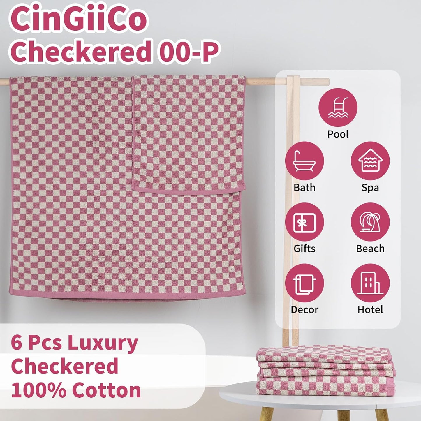 Checkered Bath Towels Set of 6 Large, 520GSM, 100% Cotton Shower Towels * 2 (55.12"*27.56"), Hand Towels * 4 (29.52"*13.77"),Towels for Bathroom、Pool、Hotel, Spa, Soft Absorbent（Pink