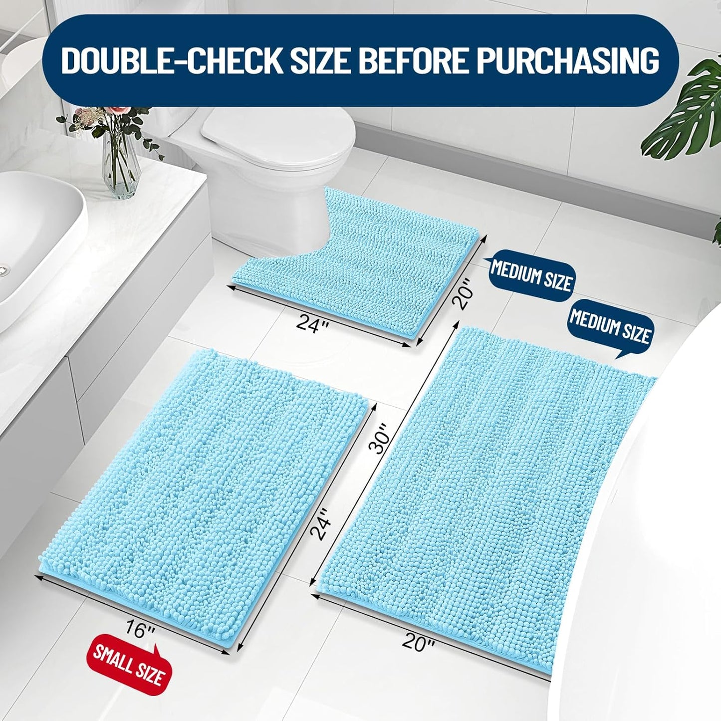 Grandaily Chenille Striped Bathroom Rugs 36x24, Extra Thick and Absorbent Bath Mats, Non-Slip Soft Plush Shaggy Shower Carpet, Machine Wash Dry, Bath Rug for Bathroom, (Large, Blue)