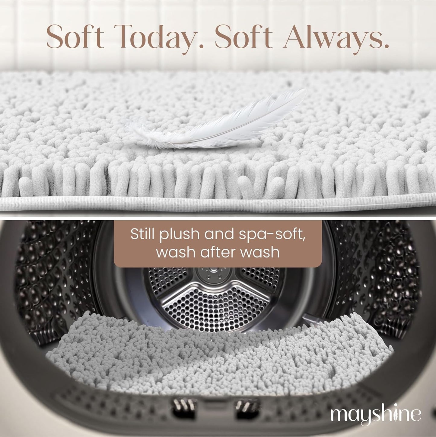 MAYSHINE Plush Shaggy Chenille Bath Mat | Extra Soft, Super Absorbent, Non-Slip Bathroom Rug | Fluffy Microfiber, Area Rug Sets for Bathroom Floor, Kitchen, Living Room | 24"x17" | White