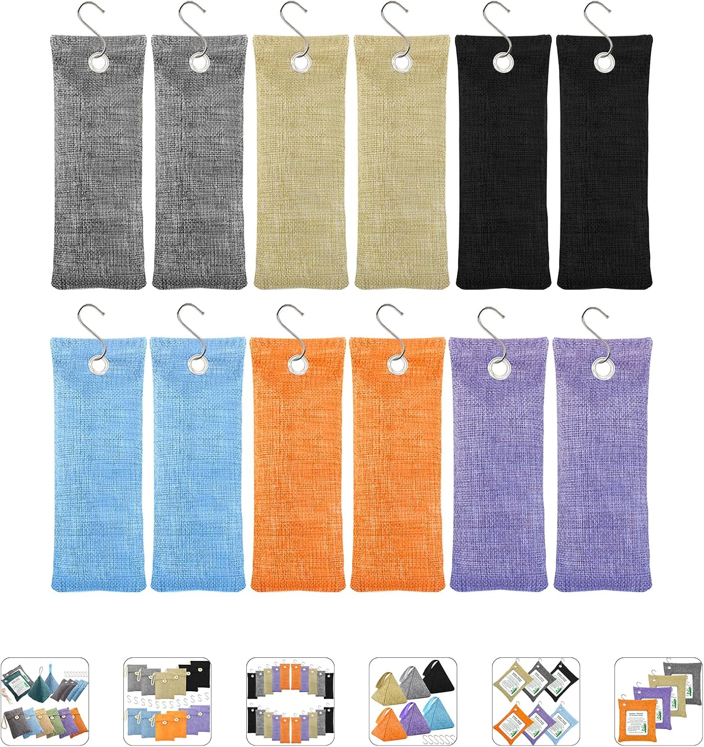 Charcoal Air Purifying Bags 12 Pack×100g Bamboo Charcoal Bags Odor Absorber, for Car Air Fresheners, Odor Eliminator for Home，Shoe Deodorizer - Colorful-Activated Charcoal Odor Absorbers