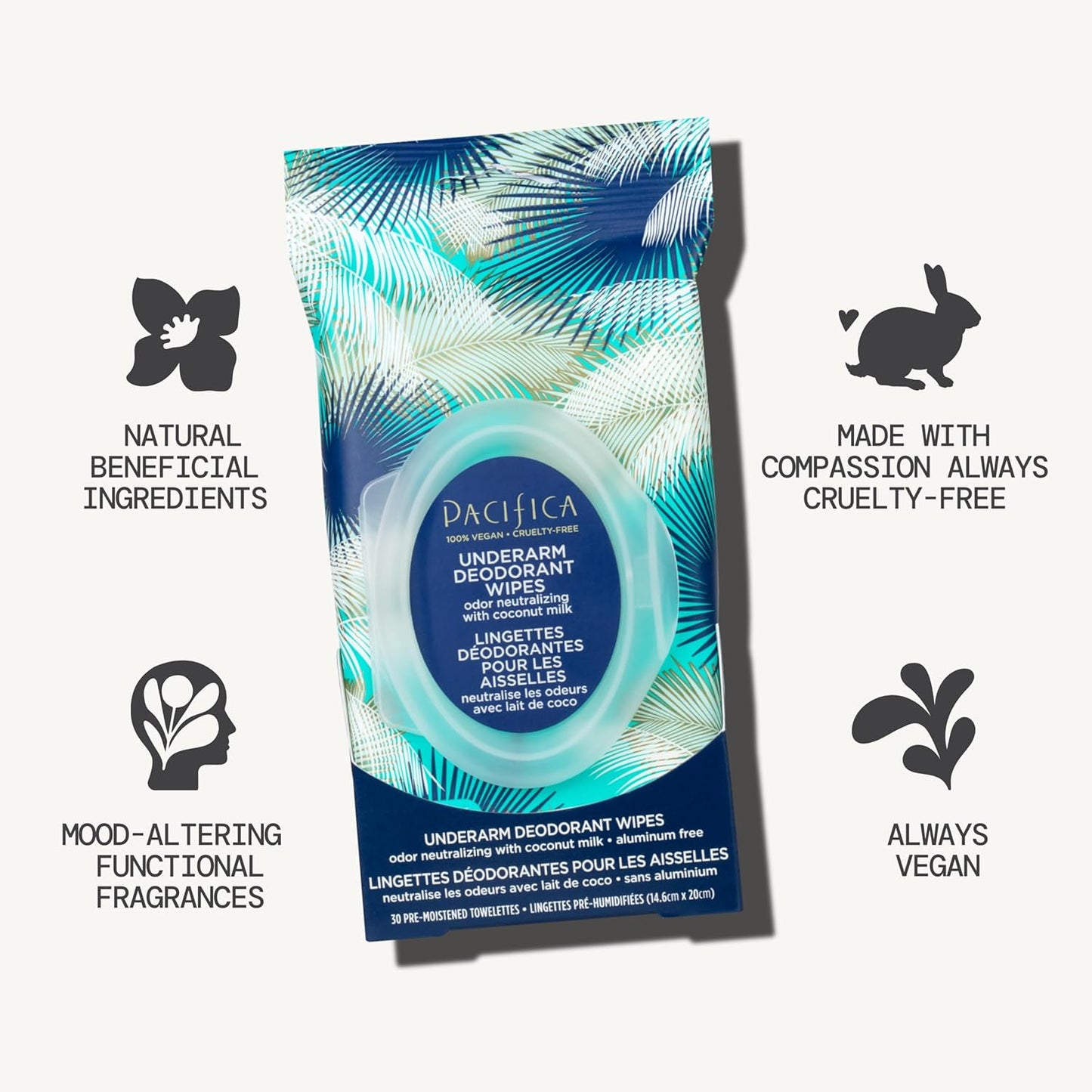 Pacifica Beauty Coconut Milk & Essential Oils Underarm Deodorant Wipes, Helps Remove Odor, Aluminum-Free, Vegan & Cruelty-Free (Pack of 8) | 240 wipes Total