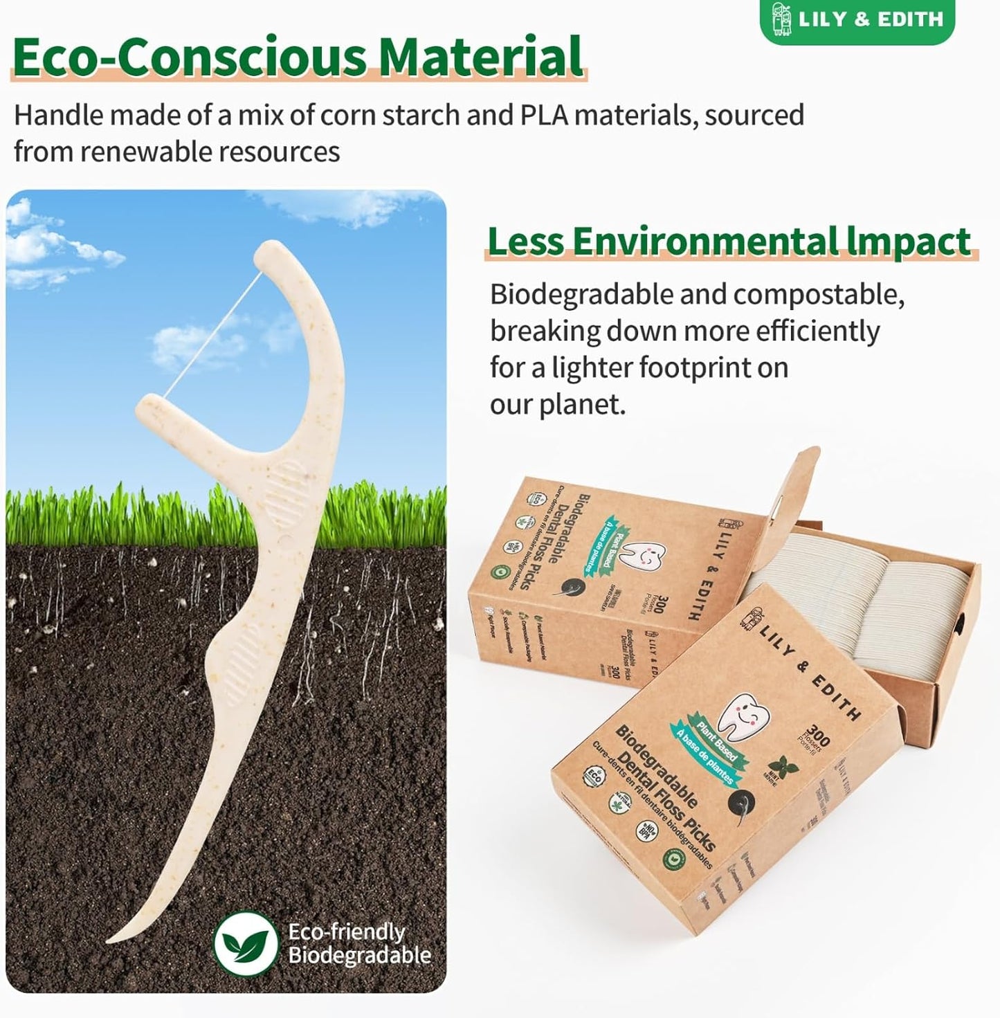 LILY & EDITH Plant Based Dental Floss Picks Adults and Kids 300 Counts, Fluoride-Free, Plant Based Straw Wheat, Earth Friend, Zero Waste Package, Shred Resistant (Unflavored)