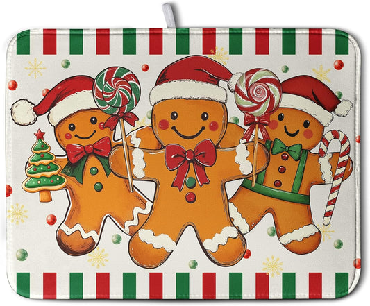 Christmas Dish Drying Mat Gingerbread Man Candy Cane Xmas Tree Drying Mats for Kitchen Counter Winter Holiday Dish Drainer Pad Absorbent Microfiber Dish Draining Mat 18x24 Inch
