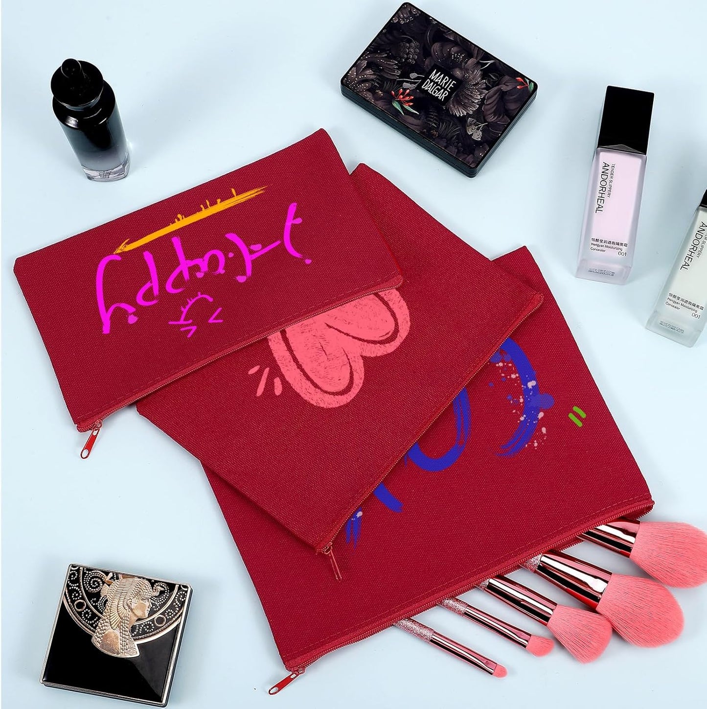 12 Pieces Cotton Canvas Makeup Bag, Multipurpose Cosmetic Bag with Zipper Travel Toiletry Pouch, Blank DIY Craft Bag (Red, S)