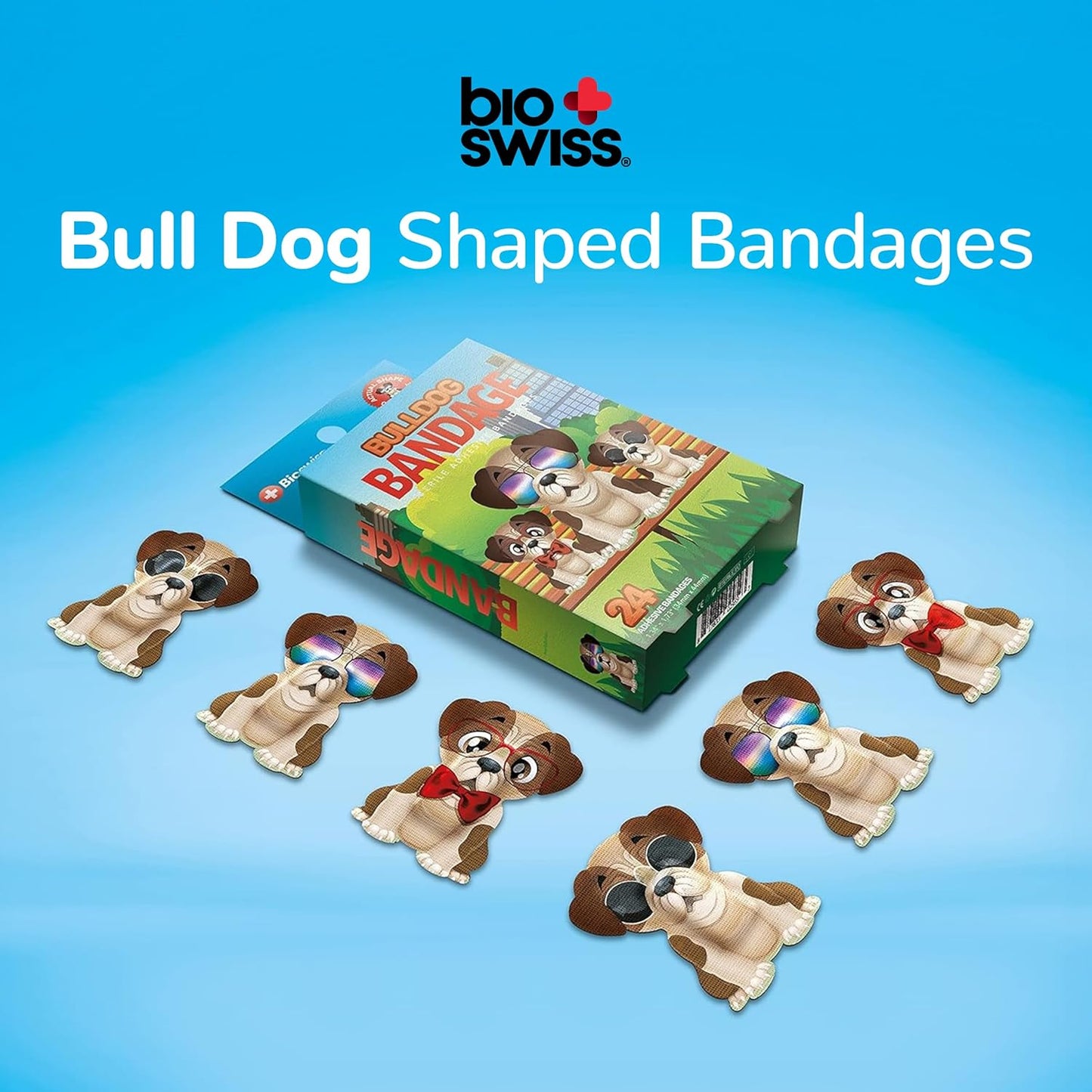 BioSwiss Kids Bandages, Bulldog Shaped Self Adhesive Bandage Set, Latex Free, Sterile Wound Care, 24 Count