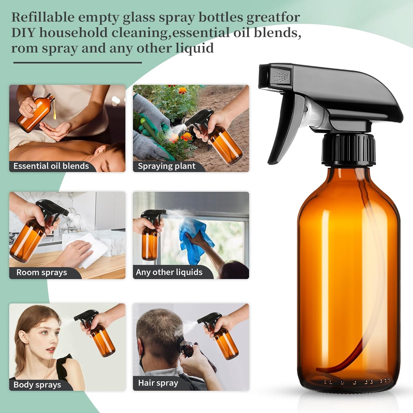 8oz Amber Glass Spray Bottles,6 Pack Glass Spray Bottles Refillable Empty Bottle with Adjustable Nozzle,Spray Bottle for Essential Oils,Cleaning Solutions,Pets,Hair Mister,Gardening