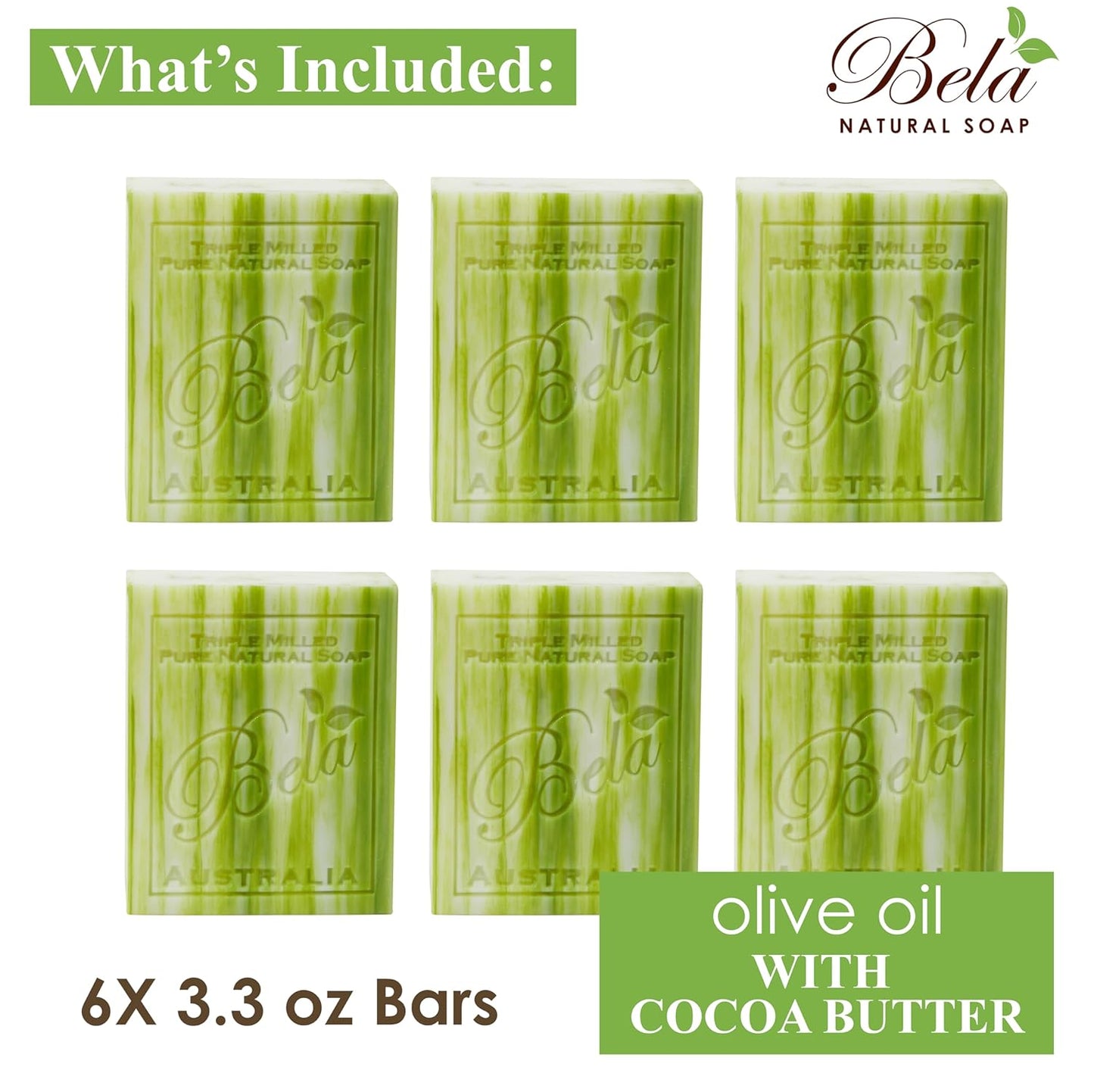 BELA Olive Oil and Cocoa Butter Soap, 3.3 OZ Pack of 6, Long Lasting French Triple Milled Bar Soap with Organic Shea Butter, Hand, Face and Body Wash Bar, Made in Australia