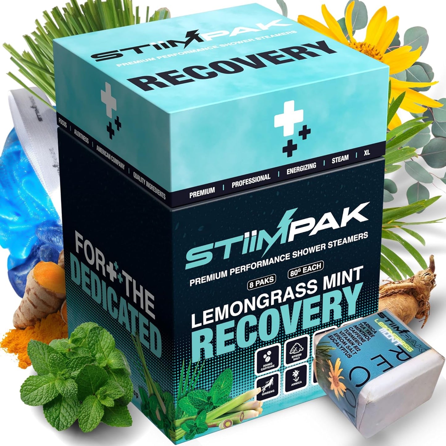 Shower Steamers | Recovery | XL 80g Post-Workout & Sinus Relief | Eucalyptus, Tea Tree, Turmeric, Arnica, Caffeine, Menthol | Maximum Strength Aromatherapy | Allergies, Cold & Flu (8 Pack)