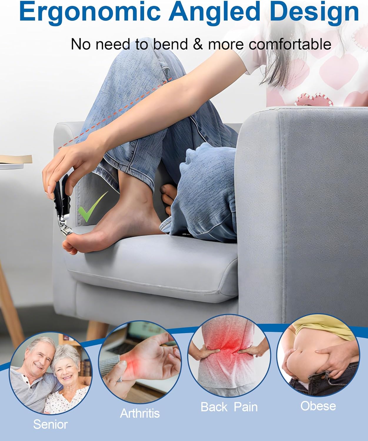 Toenail Clippers for Seniors - 2Pcs Angled Head Ergonomic Toe Nail Clippers for Thick Nails, Wide Jaw Opening, with Catcher & Long Handle, for Men and Women - Black