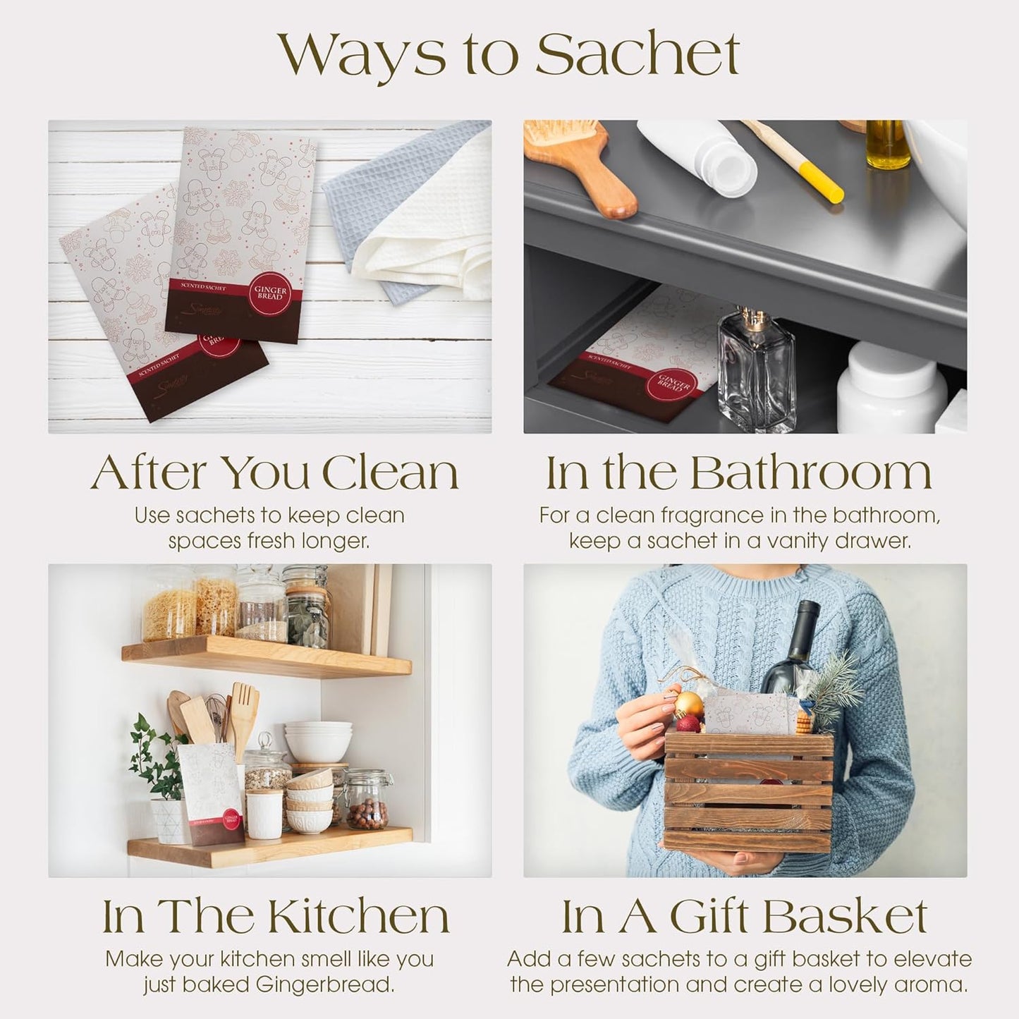 Simplicity Scents Gingerbread Scented Sachets Pack of 3, Fall & Winter - Long-Lasting Scented Bags, Home Fragrance, Air Freshener & Deodorizer for Closet, Room, Drawer, or Cars, Made in USA